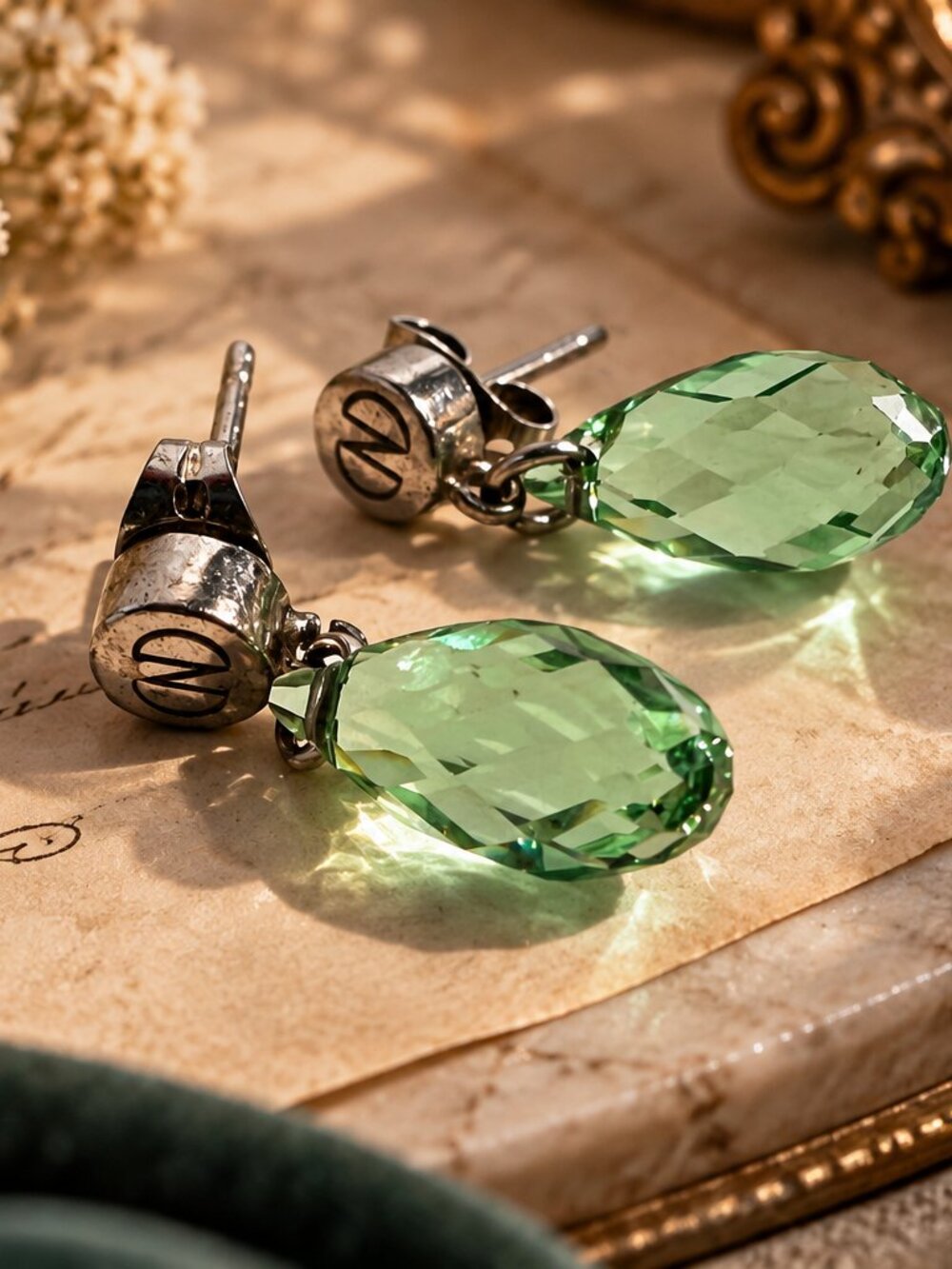 Dior Vintage Light Green Crystal Drop Earrings | Silver Tone CD Logo